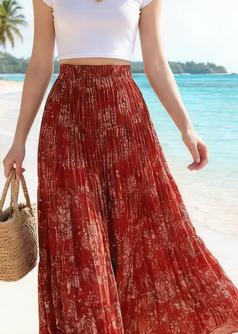 Stylish Red Wrinkled Print Chiffon Skirts Summer - Image 2