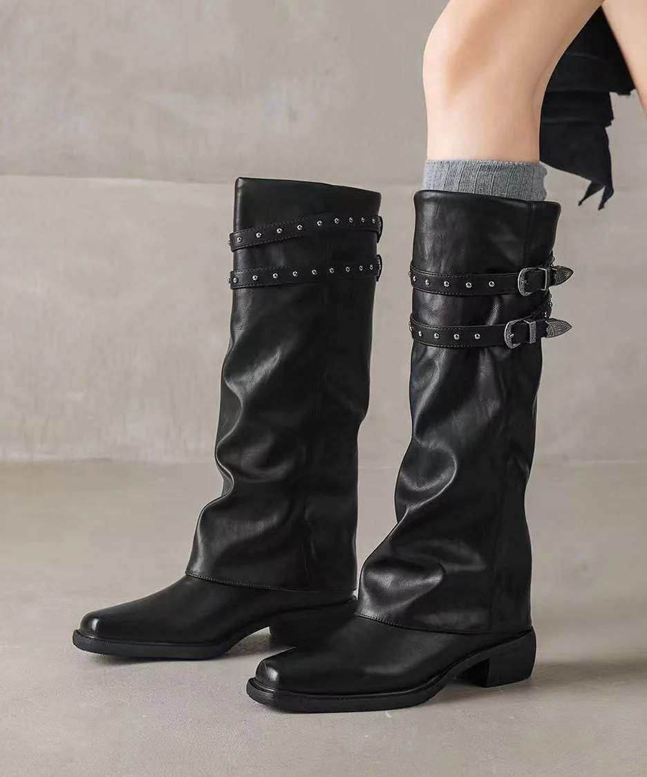 Stylish Rivet Splicing Chunky Boots Black Faux Leather - Image 3