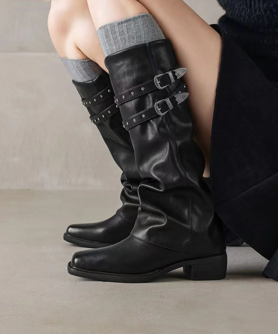 Stylish Rivet Splicing Chunky Boots Black Faux Leather - Image 4