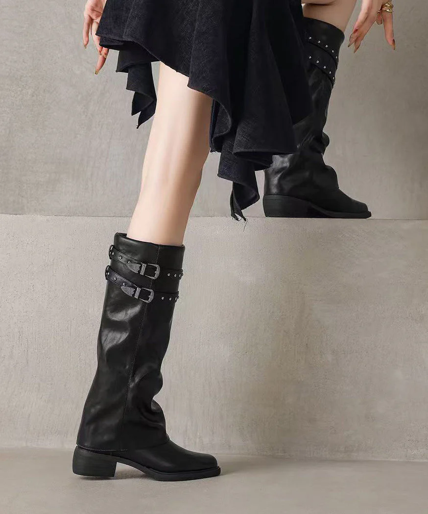 Stylish Rivet Splicing Chunky Boots Black Faux Leather - Image 5