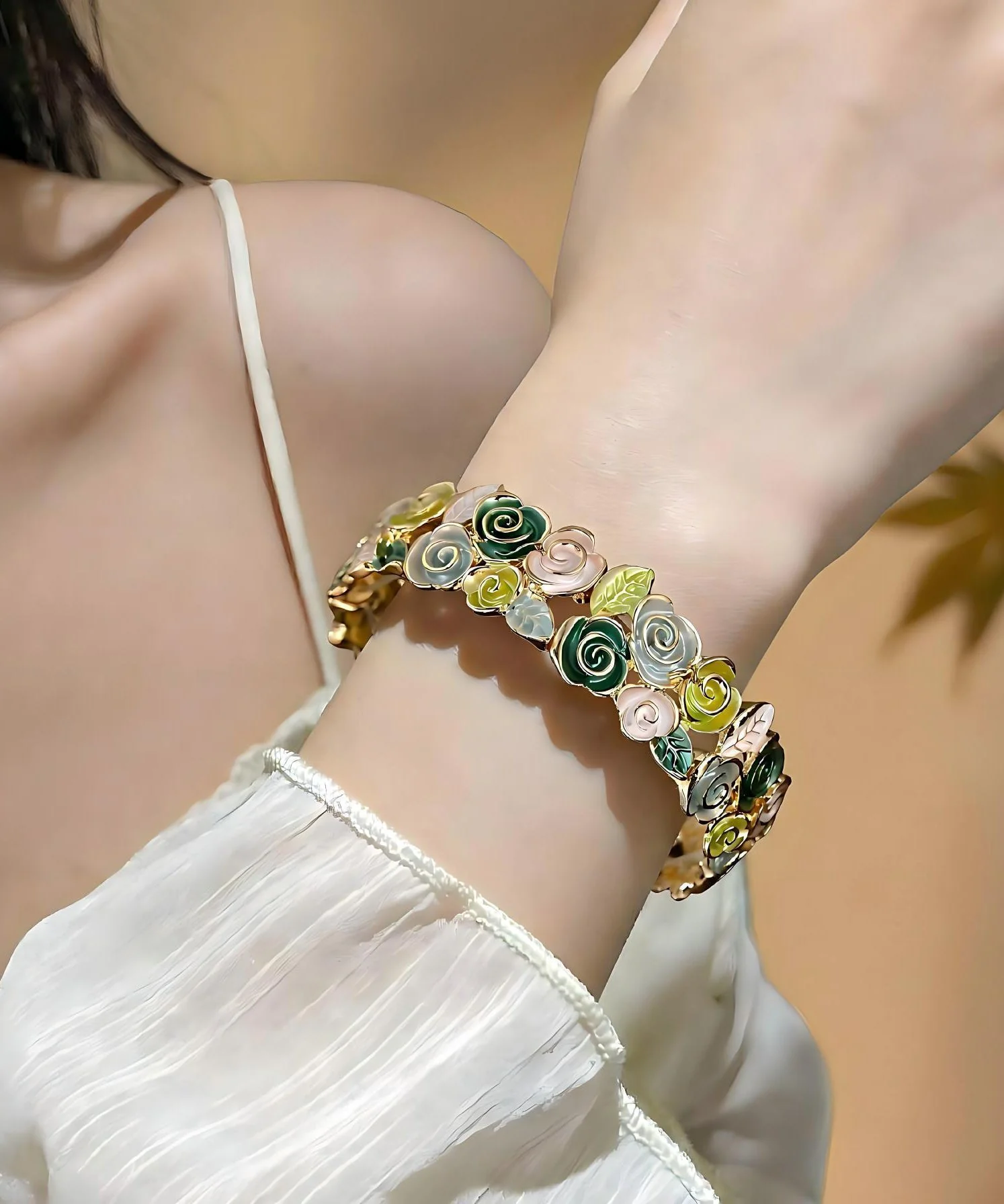 Stylish Rose Alloy Hollow Out Floral Enamel Bangle - Image 2