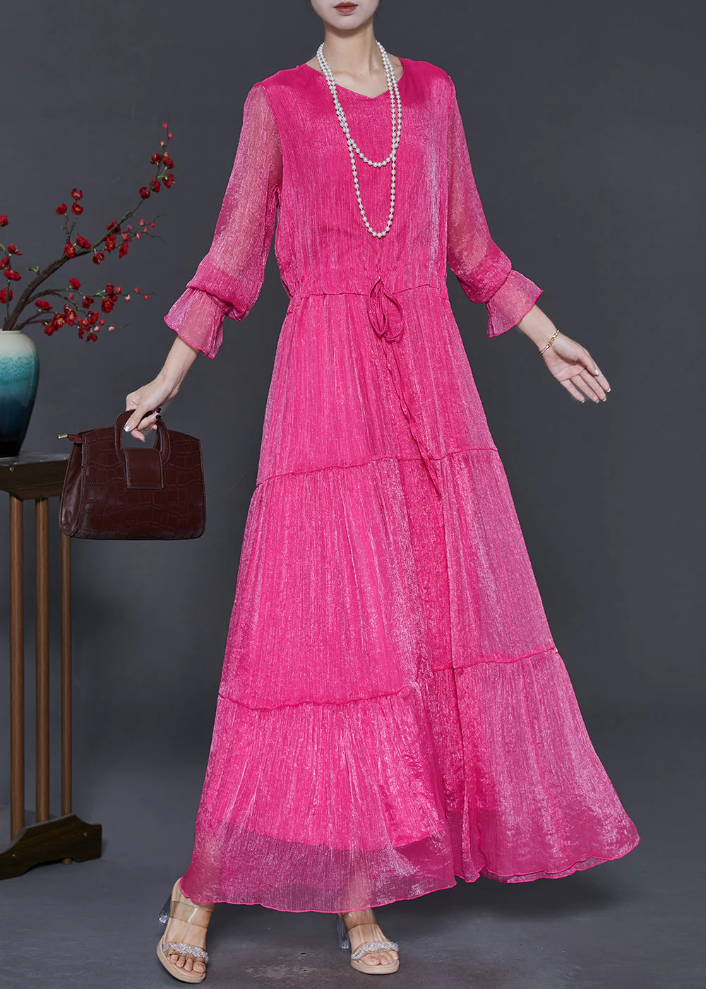 Stylish Rose Cinched Chiffon Long Dress Spring - Image 2