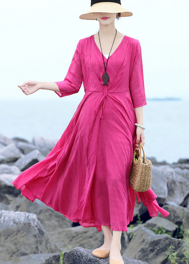 Stylish Rose Cinched Fake Two Pieces Party Dress Summer - Image 2