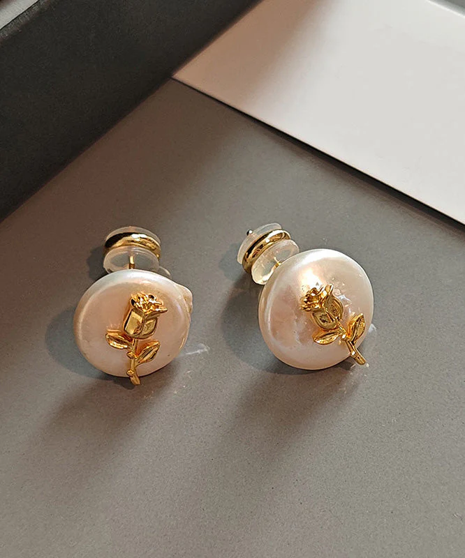 Stylish Rose Copper Baroque Pearl Stud Earrings - Image 2