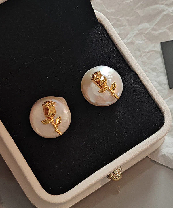 Stylish Rose Copper Baroque Pearl Stud Earrings - Image 4