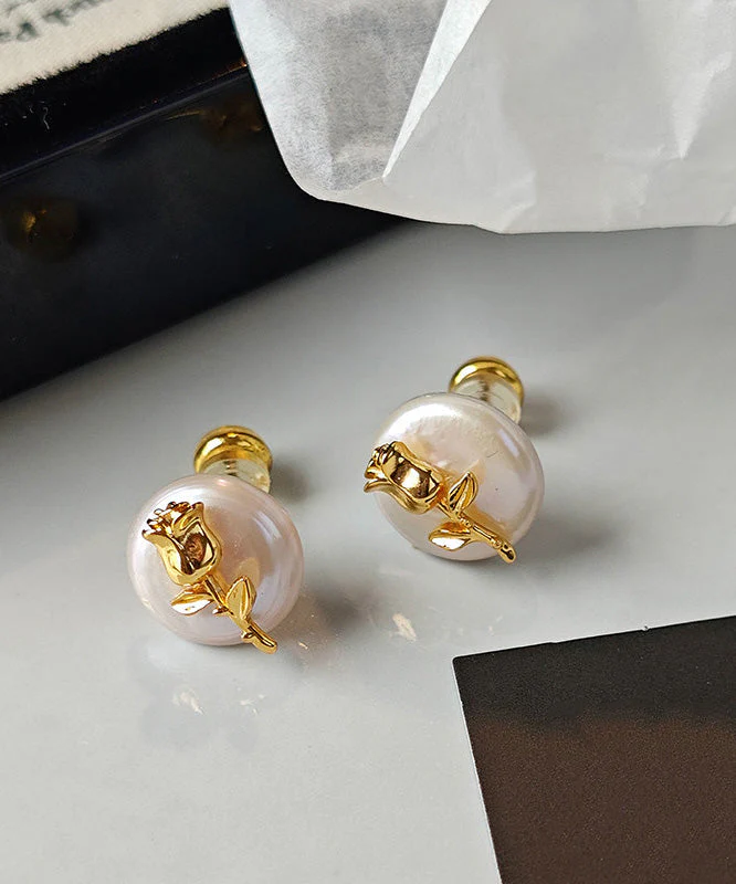 Stylish Rose Copper Baroque Pearl Stud Earrings - Image 5