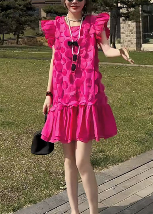 Stylish Rose O Neck Petal Patchwork Chiffon Dress Butterfly Sleeve - Image 4