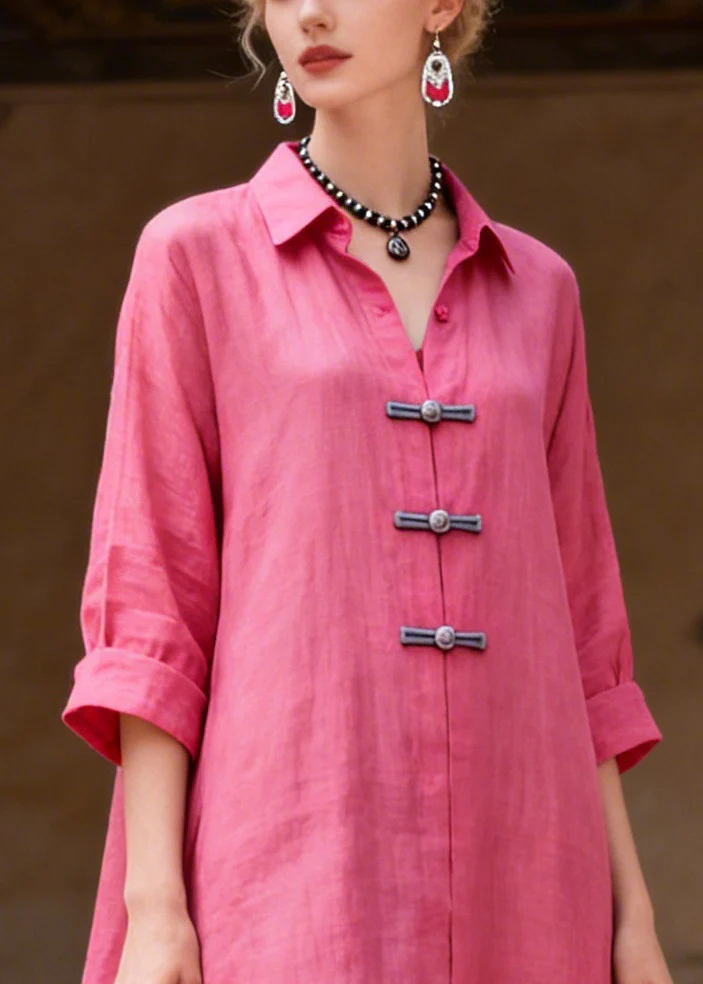 Stylish Rose Peter Pan Collar Chinese Button Cotton Maxi Dresses Summer - Image 2