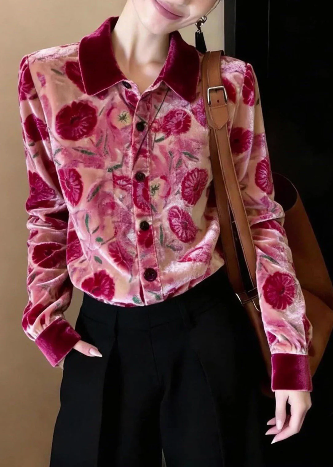 Stylish Rose Peter Pan Collar Print Silk Velour Shirt Top Spring - Image 2