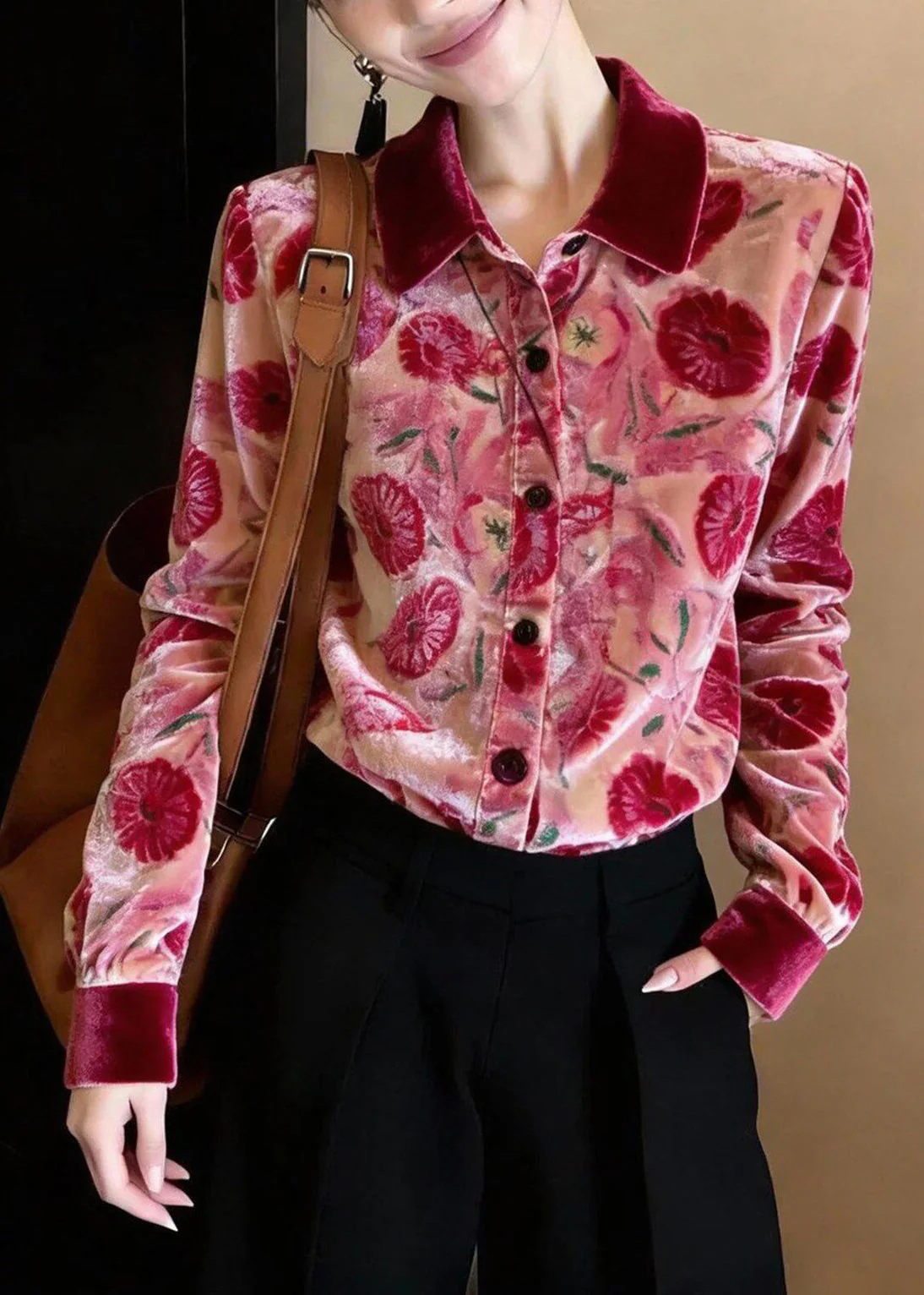 Stylish Rose Peter Pan Collar Print Silk Velour Shirt Top Spring - Image 3