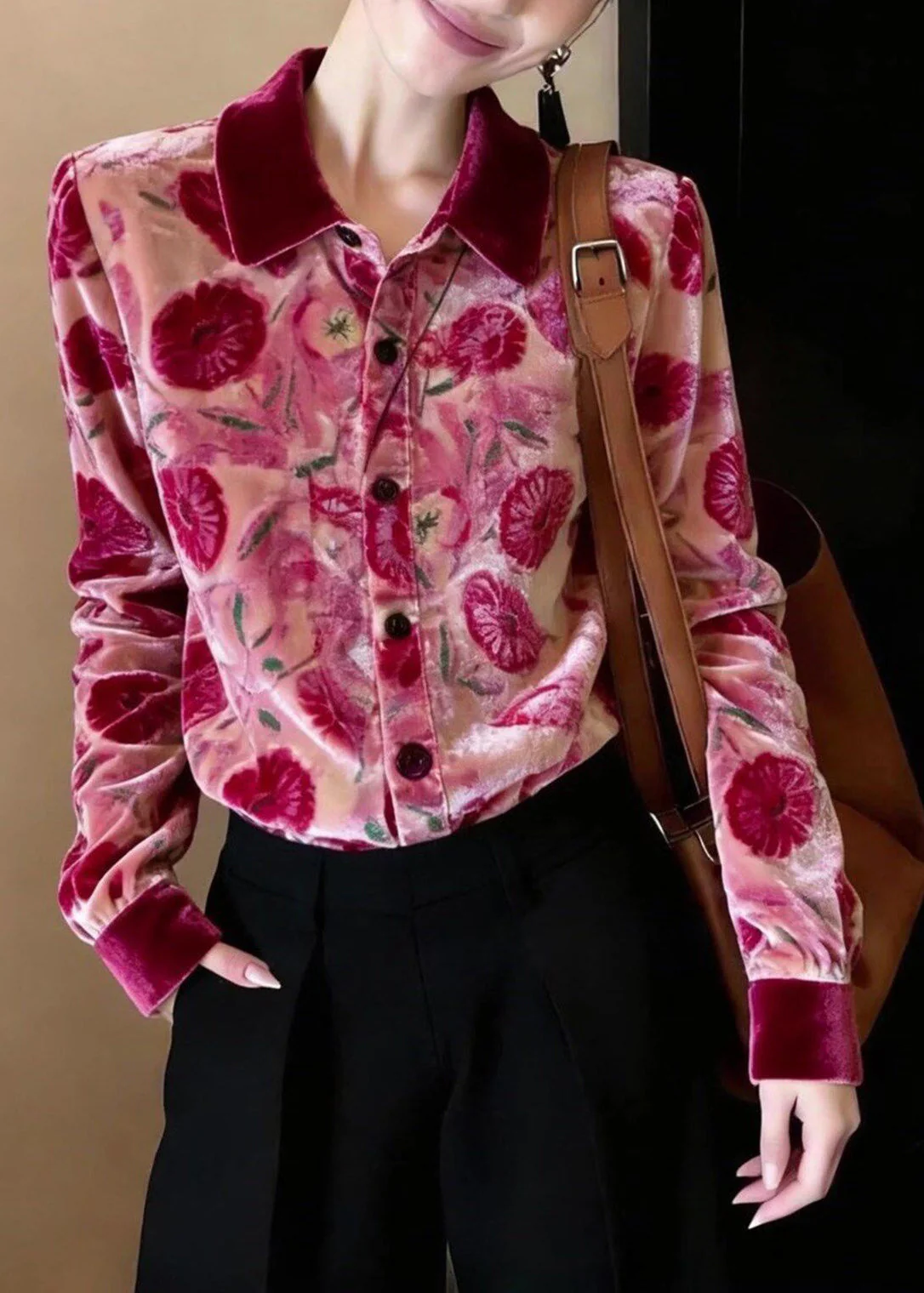 Stylish Rose Peter Pan Collar Print Silk Velour Shirt Top Spring - Image 4
