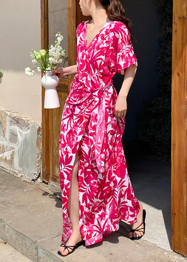 Stylish Rose Print Side Open Cotton Maxi Dress Summer - Image 2