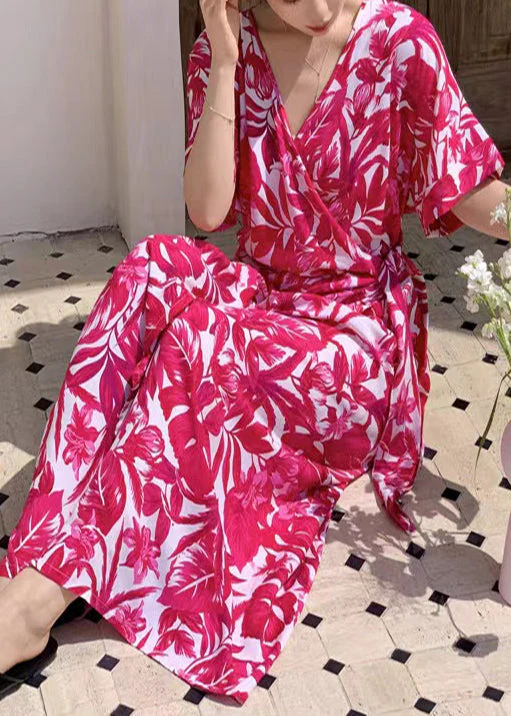 Stylish Rose Print Side Open Cotton Maxi Dress Summer - Image 3