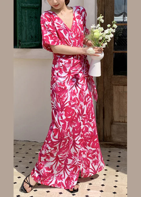 Stylish Rose Print Side Open Cotton Maxi Dress Summer - Image 4