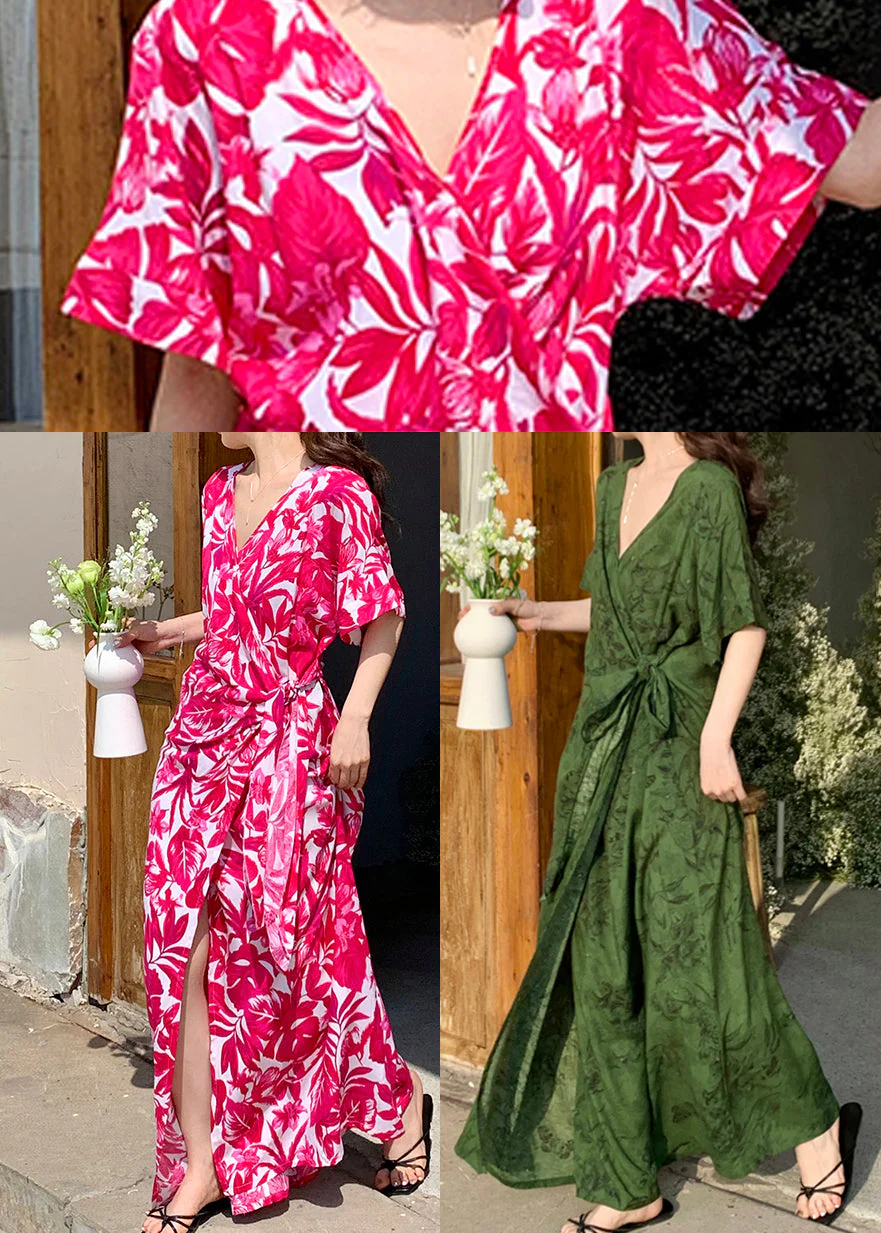 Stylish Rose Print Side Open Cotton Maxi Dress Summer - Image 5