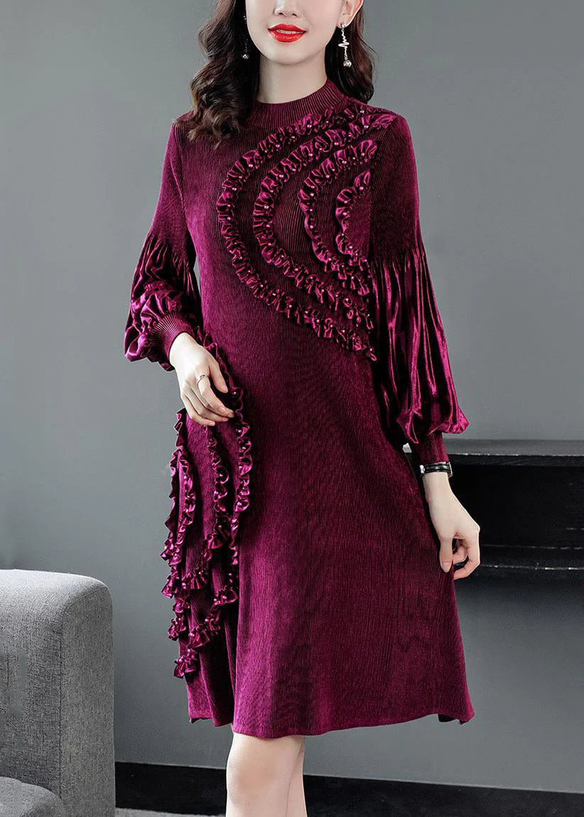 Stylish Rose Turtleneck Ruffled Patchwork Silk Velour Long Dress Fall - Image 2