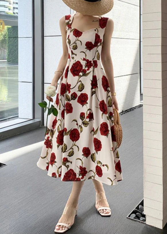 Stylish Roses Print High Waist Cotton Spaghetti Strap Dress Sleeveless - Image 2