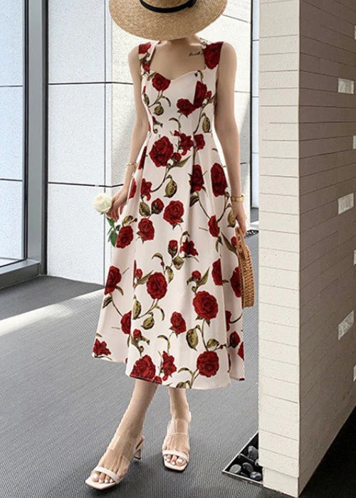Stylish Roses Print High Waist Cotton Spaghetti Strap Dress Sleeveless - Image 3