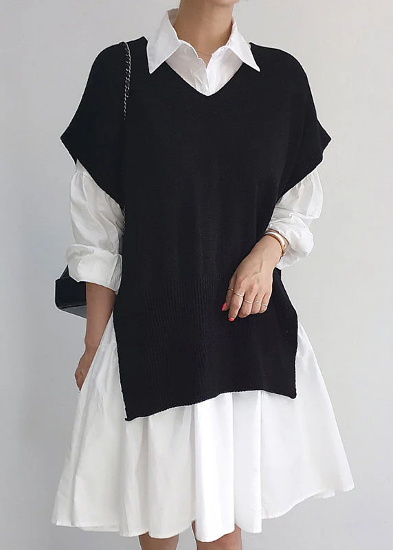 Stylish Side Open Knit Vests And Shirt Dresses Two Pieces Set Spring - Image 3