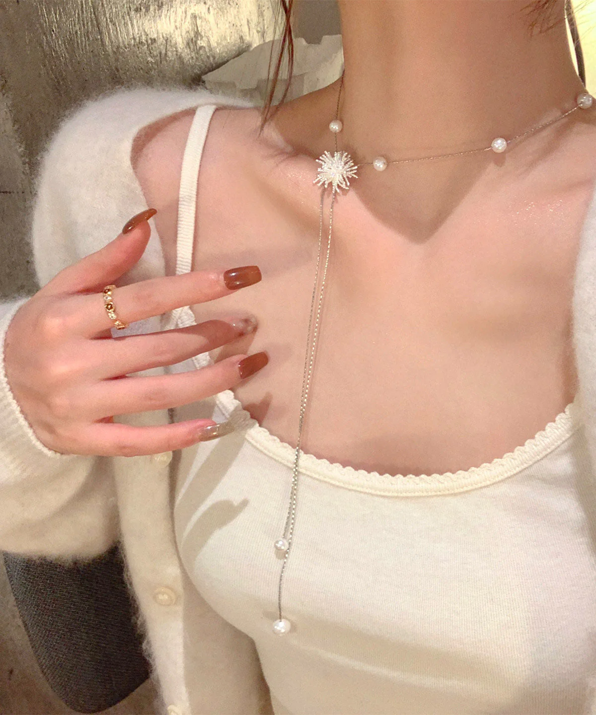 Stylish Silk Alloy Fireworks Pearl Withdrawable Tassel Lariat Necklace - Image 4