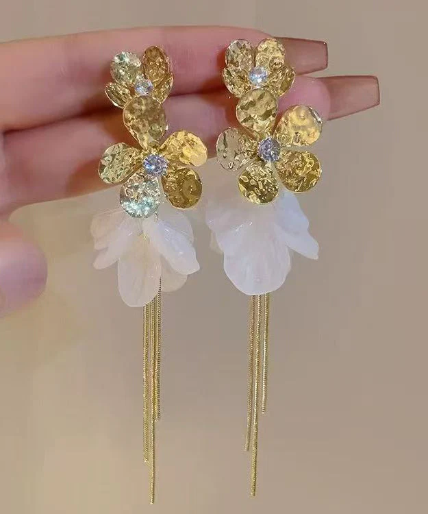 Stylish Silk Alloy Zircon Floral Tulle Patchwork Tassel Drop Earrings - Image 2