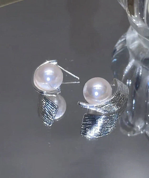 Stylish Silk Spiral Wire Drawing Pearl Silver Plated Stud Earrings - Image 3