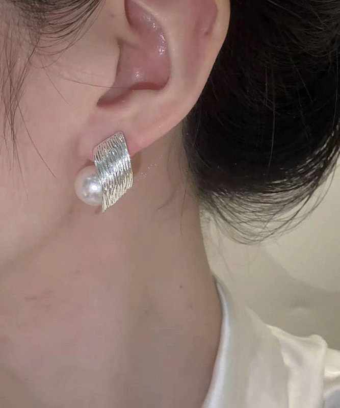 Stylish Silk Spiral Wire Drawing Pearl Silver Plated Stud Earrings - Image 4