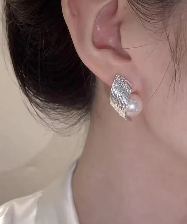 Stylish Silk Spiral Wire Drawing Pearl Silver Plated Stud Earrings - Image 5