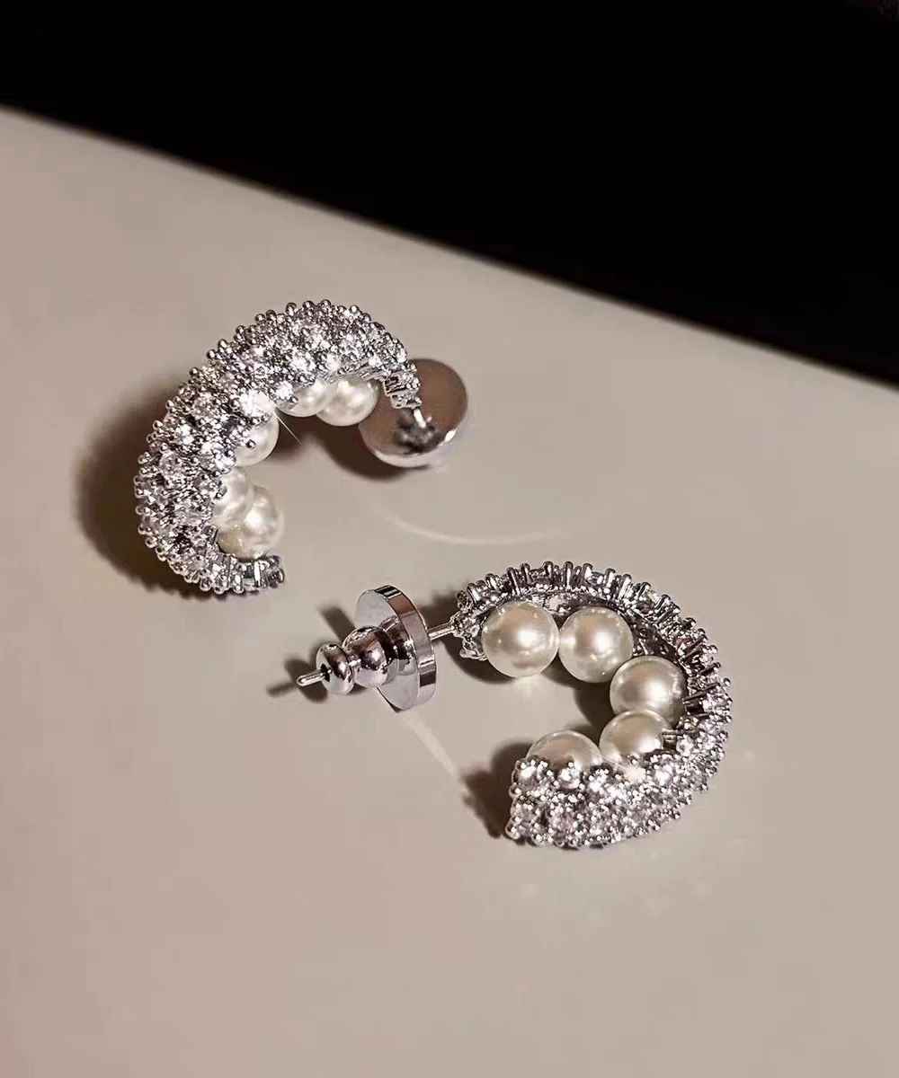Stylish Silk Sterling Silver Zircon Pearl Hoop Earrings - Image 3