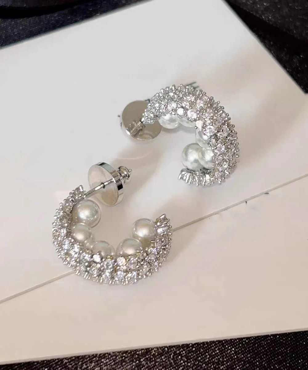 Stylish Silk Sterling Silver Zircon Pearl Hoop Earrings - Image 5