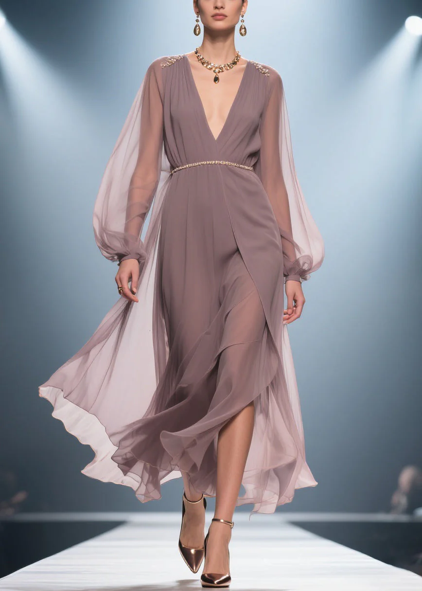 Stylish Soft Misty Purple Gray V Neck Wrinkled High Waist Chiffon Long Dresses