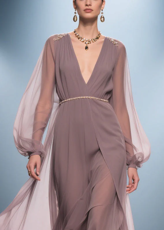 Stylish Soft Misty Purple Gray V Neck Wrinkled High Waist Chiffon Long Dresses - Image 2