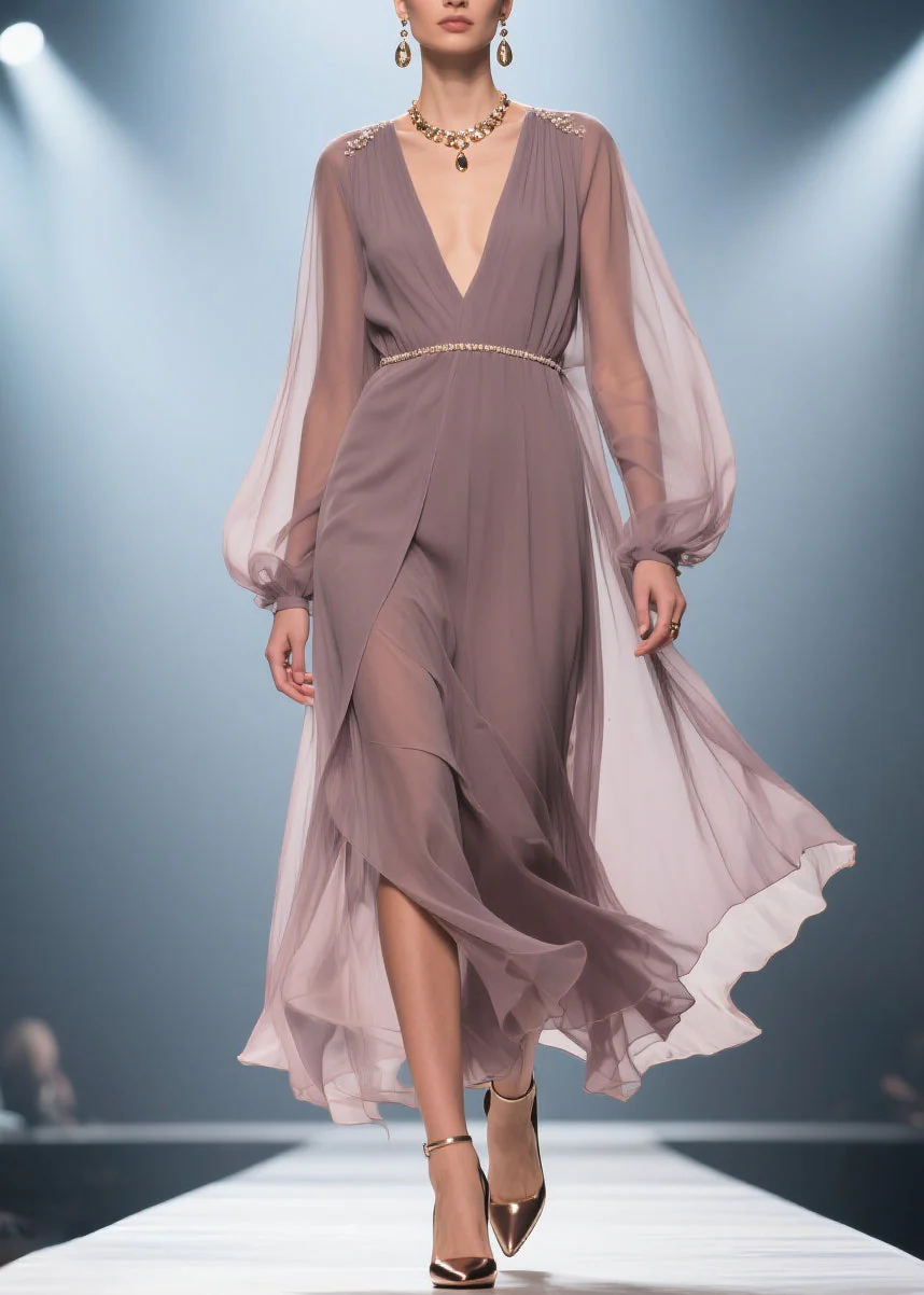 Stylish Soft Misty Purple Gray V Neck Wrinkled High Waist Chiffon Long Dresses - Image 3