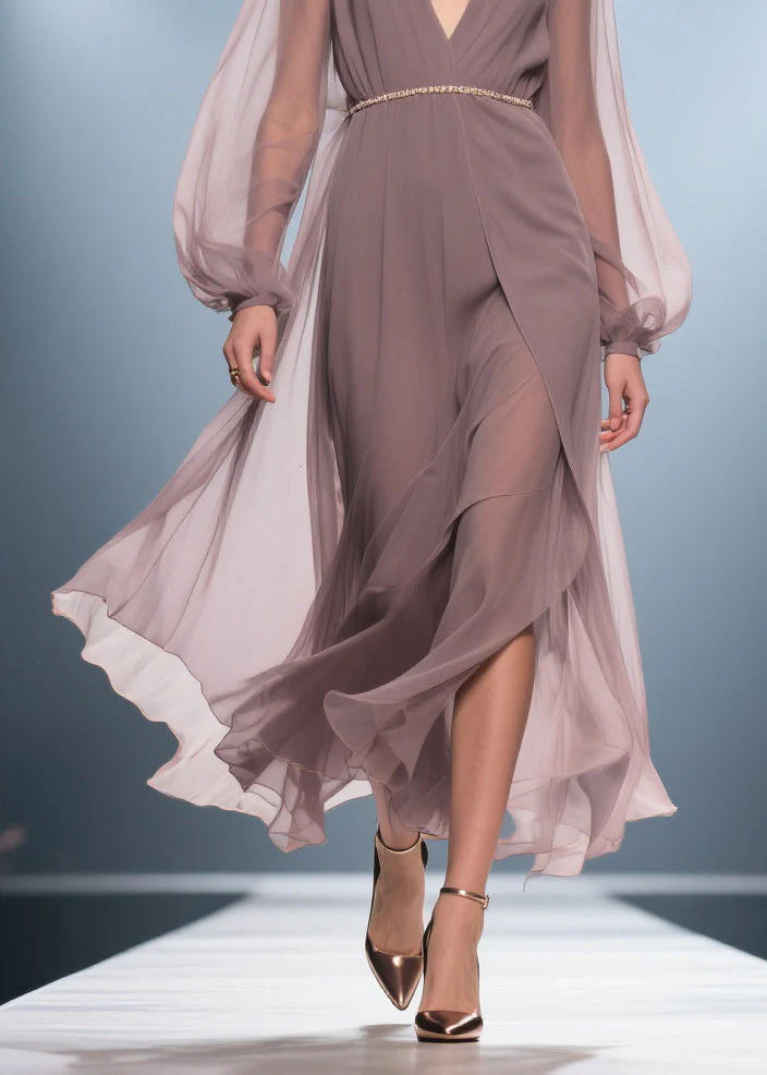 Stylish Soft Misty Purple Gray V Neck Wrinkled High Waist Chiffon Long Dresses - Image 4