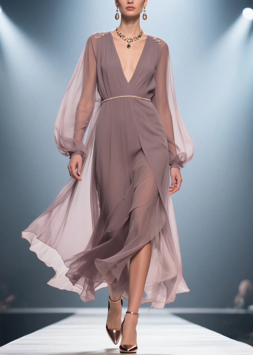 Stylish Soft Misty Purple Gray V Neck Wrinkled High Waist Chiffon Long Dresses - Image 5