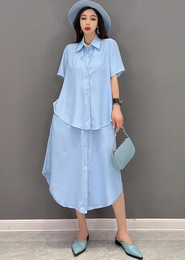 Stylish Solid Blue Peter Pan Collar Patchwork Chiffon Fake Two Piece Shirt Dresses Short Sleeve - Image 3