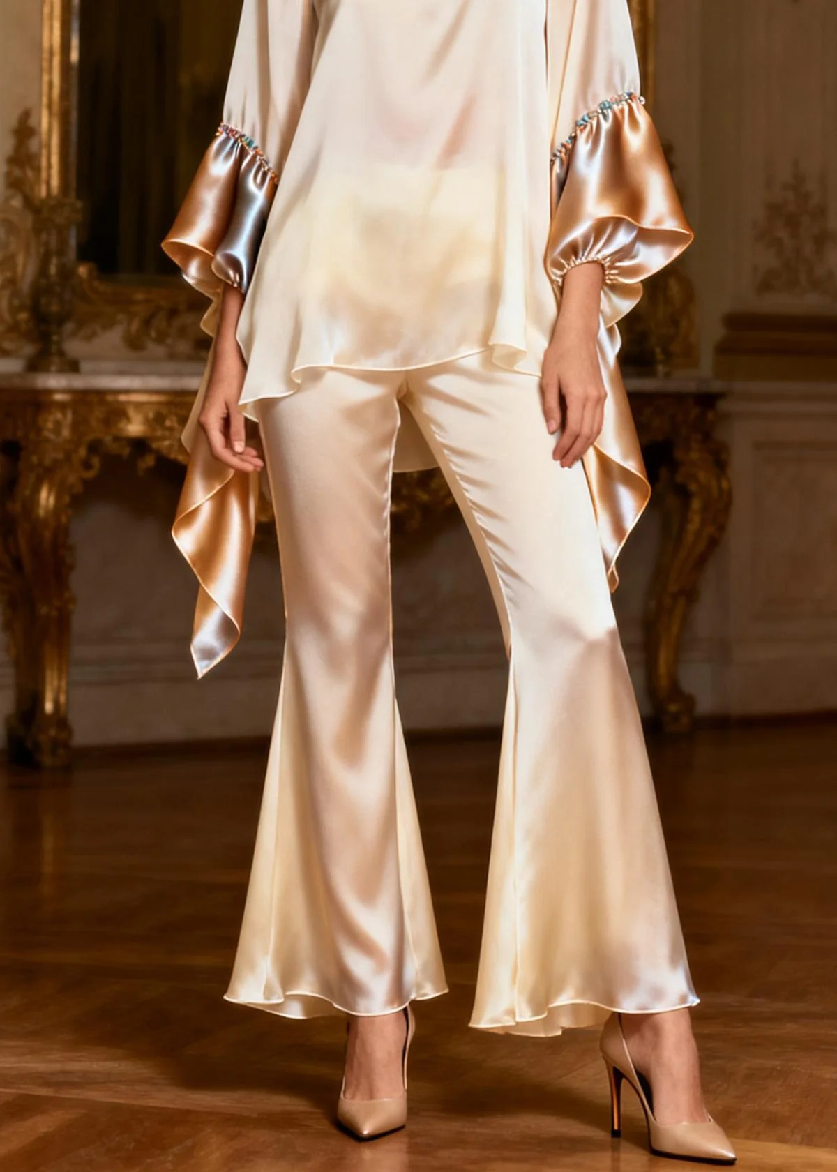 Stylish Square Collar Patchwork Silk Two Pieces Set Spring - Image 4