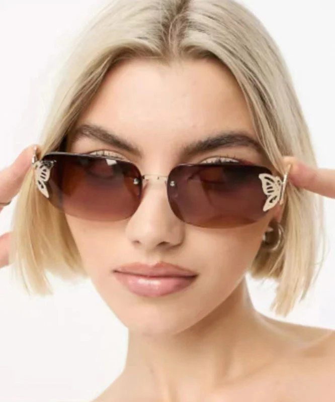 Stylish Tea Color Butterfly Shaped Diamond Studded Frameless Sunglasses - Image 2