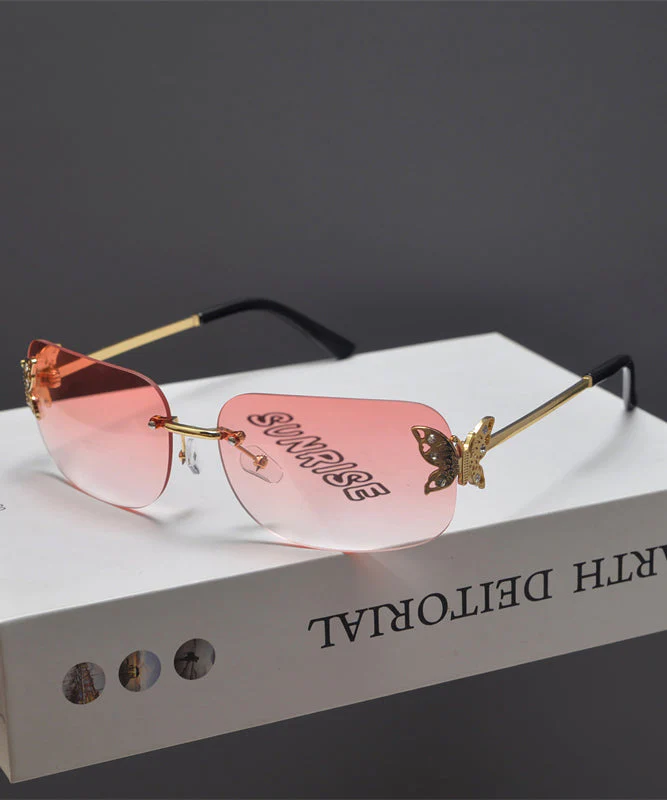 Stylish Tea Color Butterfly Shaped Diamond Studded Frameless Sunglasses - Image 3
