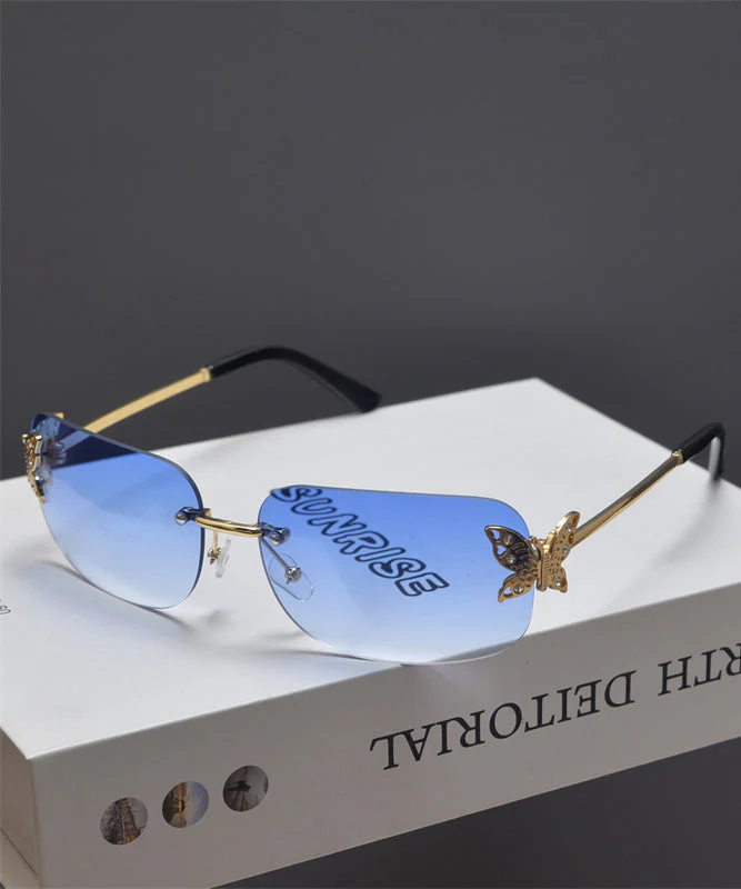 Stylish Tea Color Butterfly Shaped Diamond Studded Frameless Sunglasses - Image 4