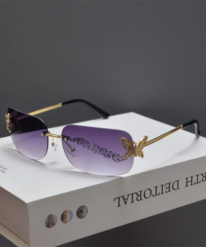 Stylish Tea Color Butterfly Shaped Diamond Studded Frameless Sunglasses - Image 5
