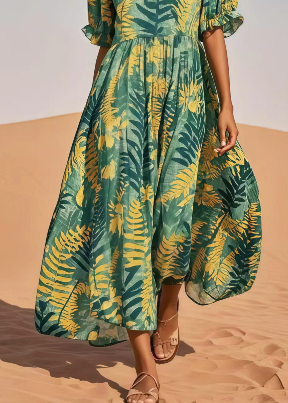 Stylish Tea Green Print Cotton Maxi Dresses Summer - Image 4