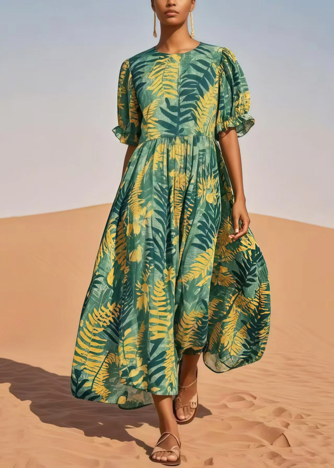 Stylish Tea Green Print Cotton Maxi Dresses Summer - Image 5