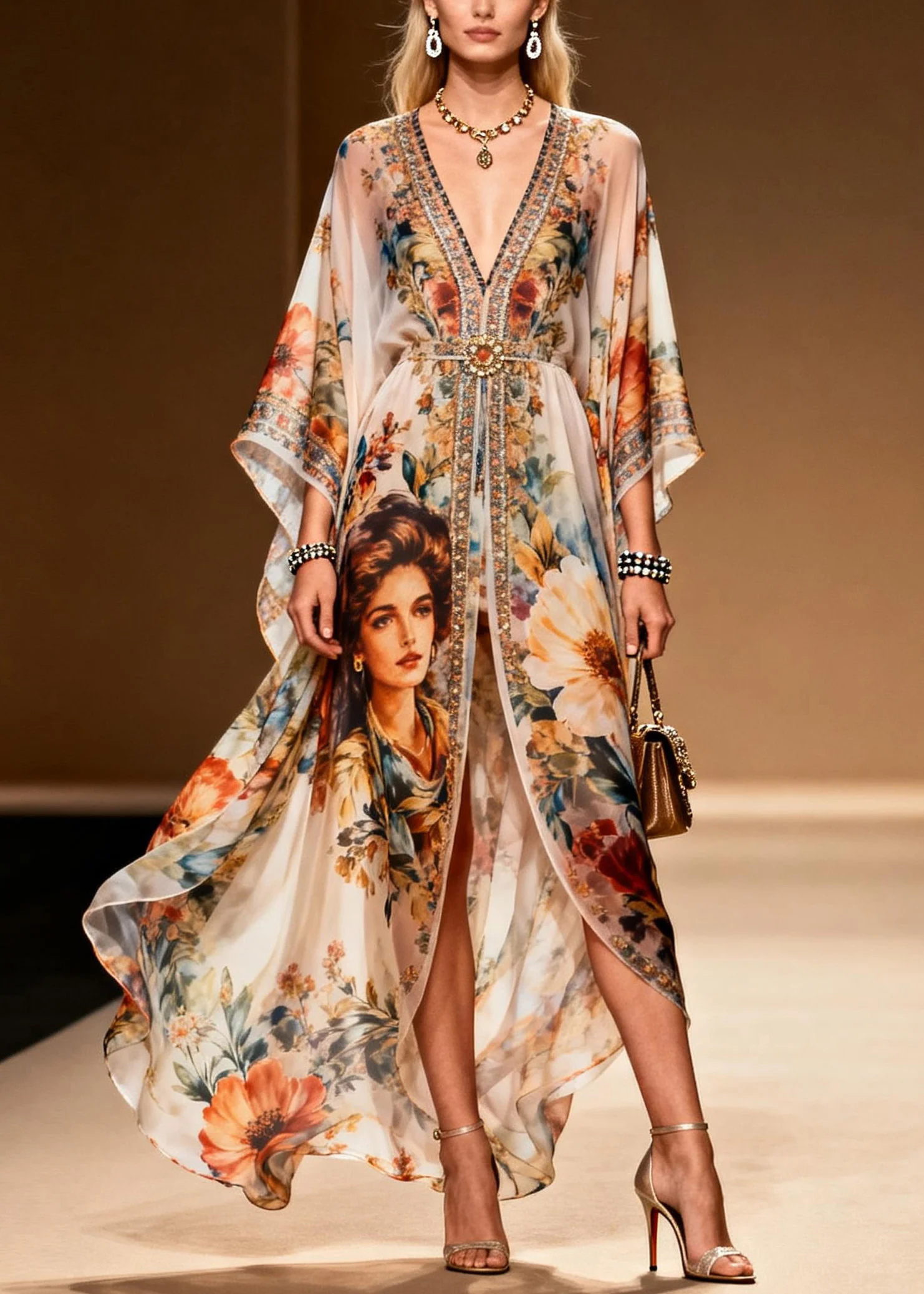 Stylish V Neck Asymmetrical Print Zircon Chiffon Dress Summer - Image 3