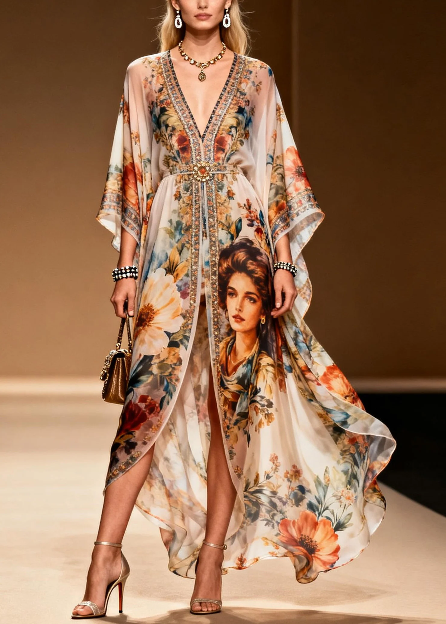 Stylish V Neck Asymmetrical Print Zircon Chiffon Dress Summer - Image 5