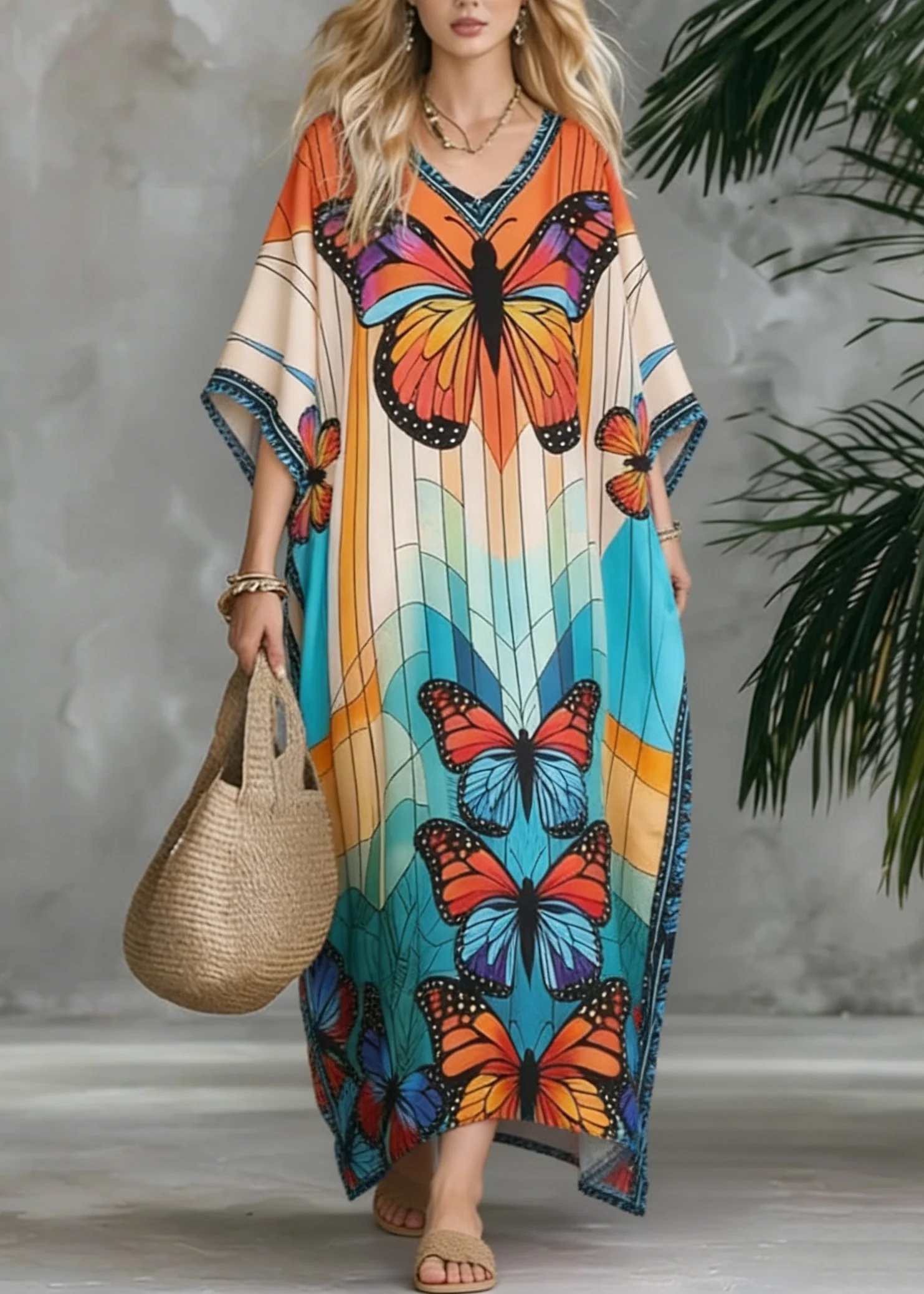 Stylish V Neck Butterfly Print Chiffon Maxi Dresses Summer - Image 3