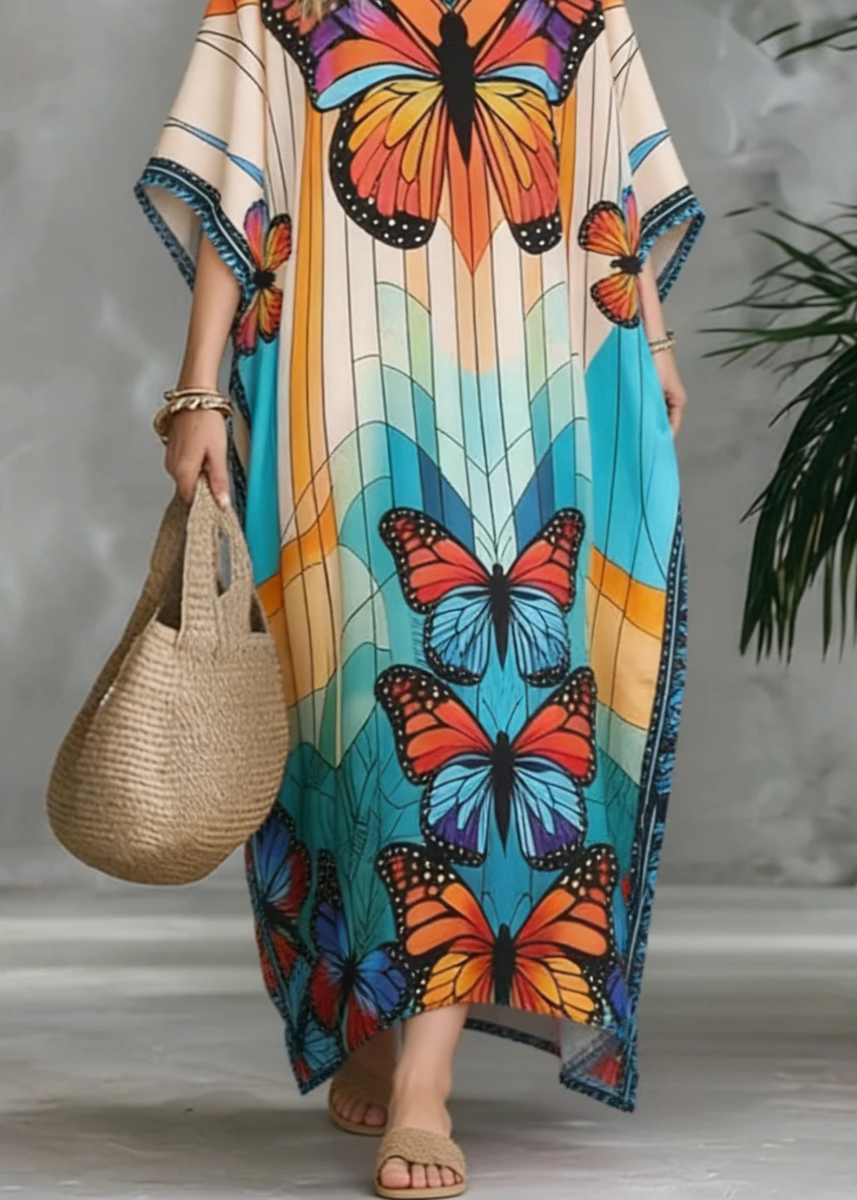 Stylish V Neck Butterfly Print Chiffon Maxi Dresses Summer - Image 4