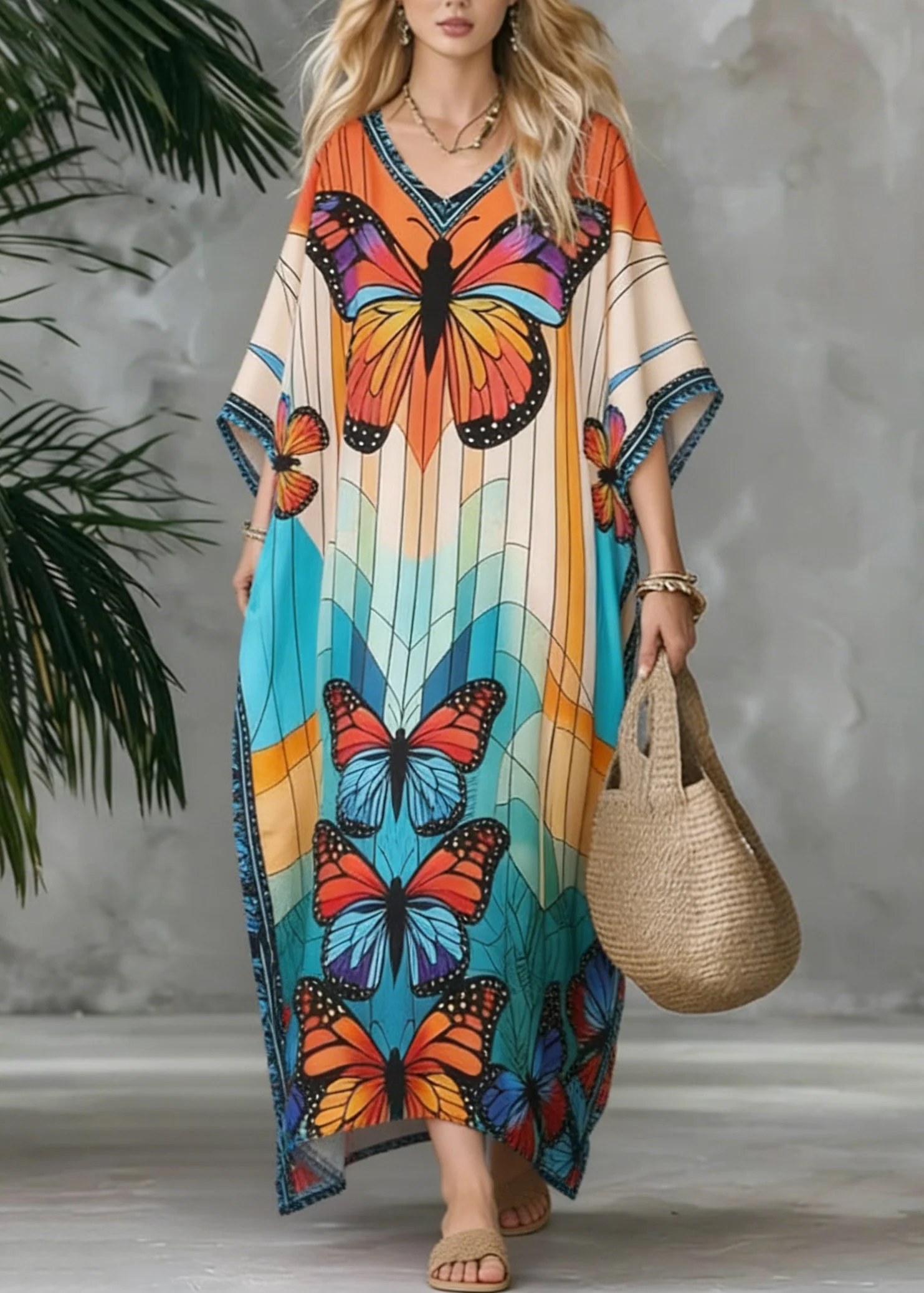 Stylish V Neck Butterfly Print Chiffon Maxi Dresses Summer - Image 5