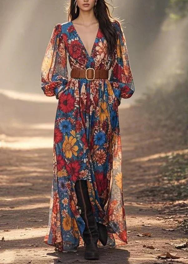 Stylish V Neck Print Chiffon Maxi Dress Spring - Image 3