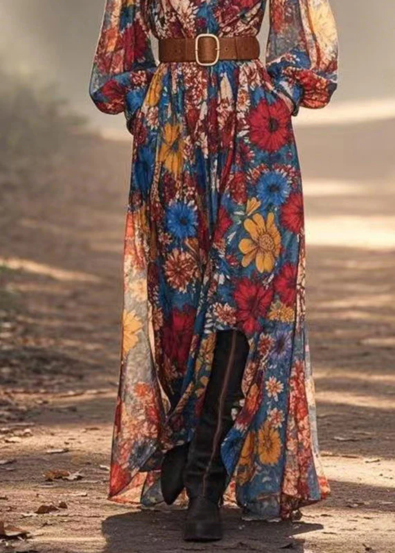 Stylish V Neck Print Chiffon Maxi Dress Spring - Image 4